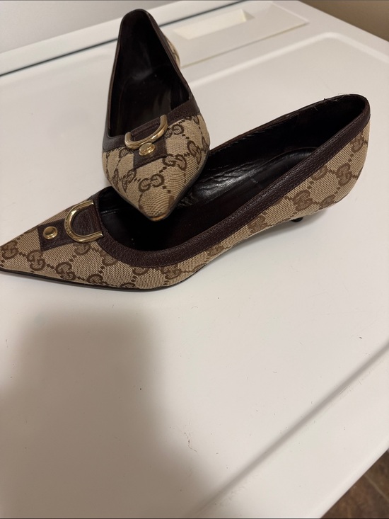 Gucci Shoes - Gucci Monogram Pointed Toe Flats with Gold Buckle with Kitten Heels size 6.5.